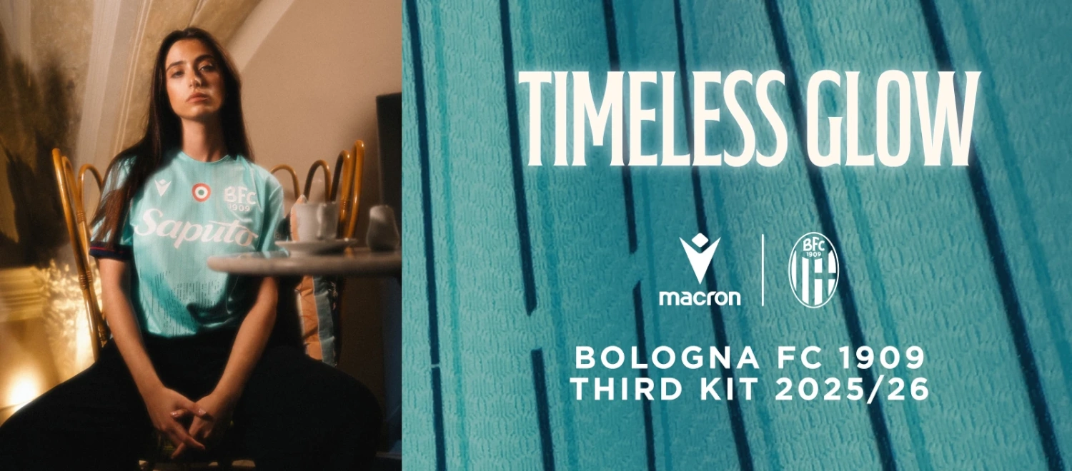 Il kit Third 2025/26 del Bologna unisce design moderno e identità cittadina: tonalità azzurra e omaggio al Nettuno